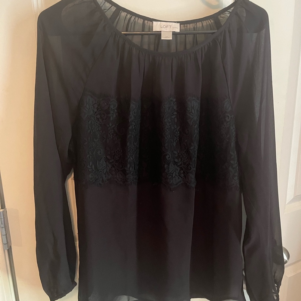 LOFT Sheer Black Blouse with Lace Accents